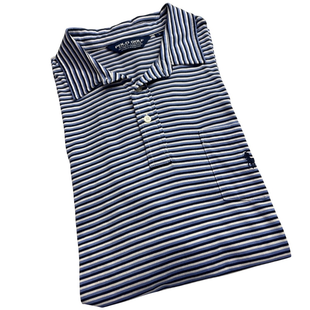 Polo Golf Ralph Lauren Polo Shirt Mens Large Blue Striped Pima Cotton Pocket E22